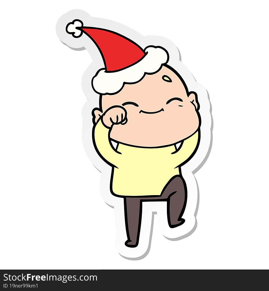 Happy Sticker Cartoon Of A Bald Man Wearing Santa Hat