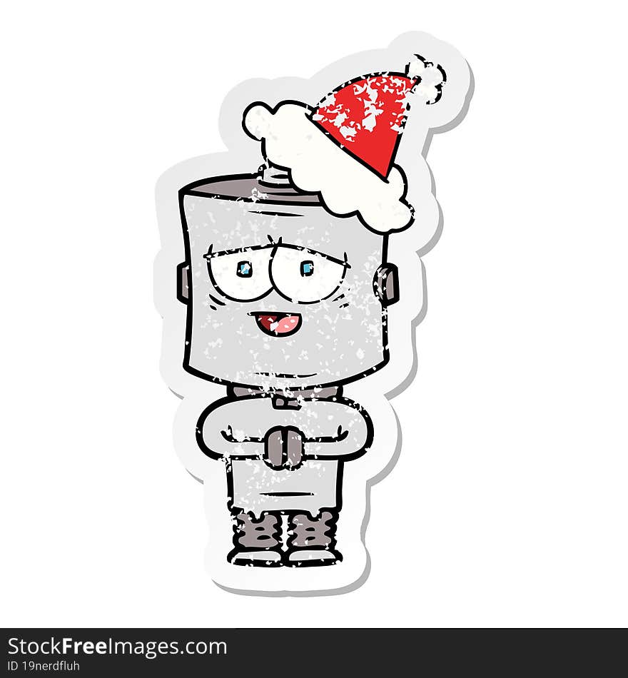 distressed sticker cartoon of a robot wearing santa hat