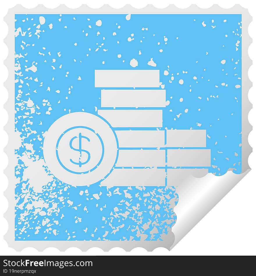 distressed square peeling sticker symbol of a pile of money