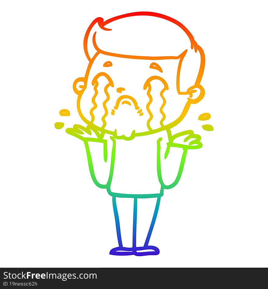 rainbow gradient line drawing of a cartoon man crying