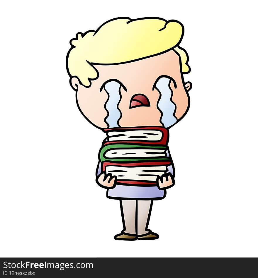 cartoon man crying over stack of books. cartoon man crying over stack of books