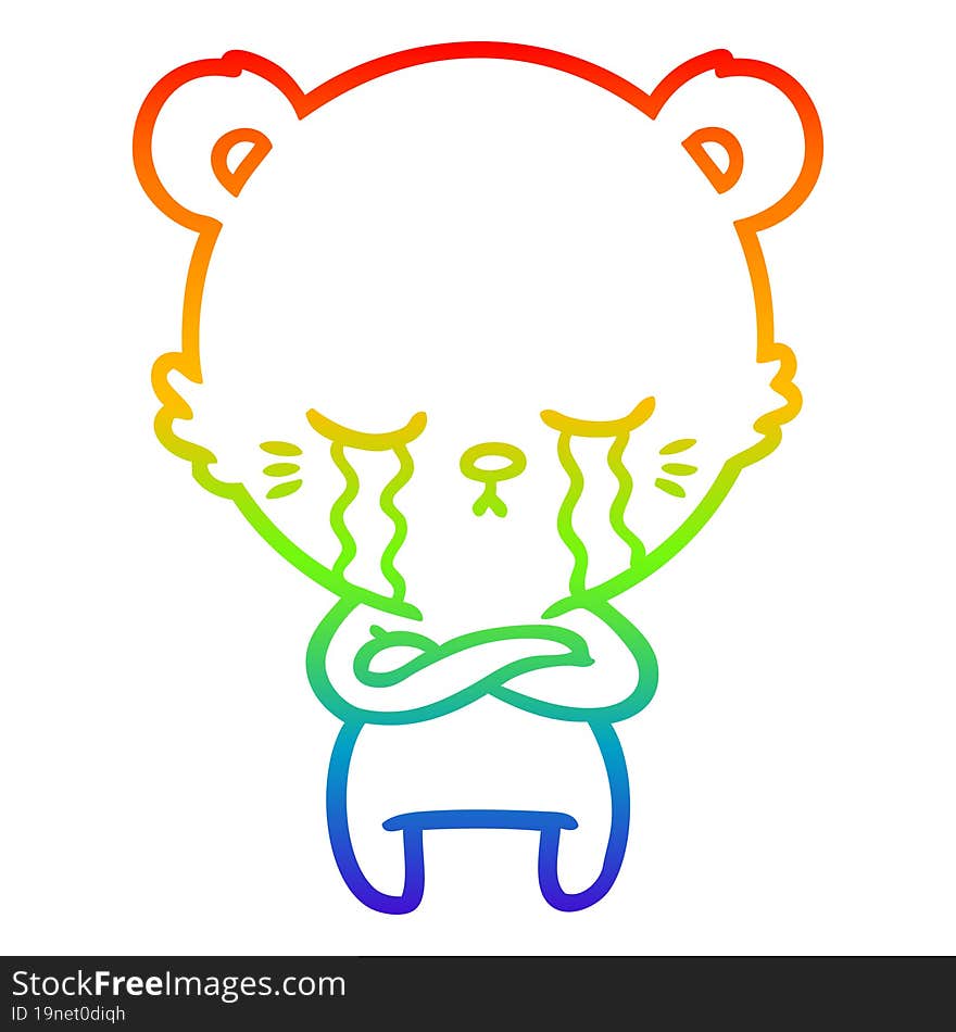 rainbow gradient line drawing crying cartoon bear with folded arms