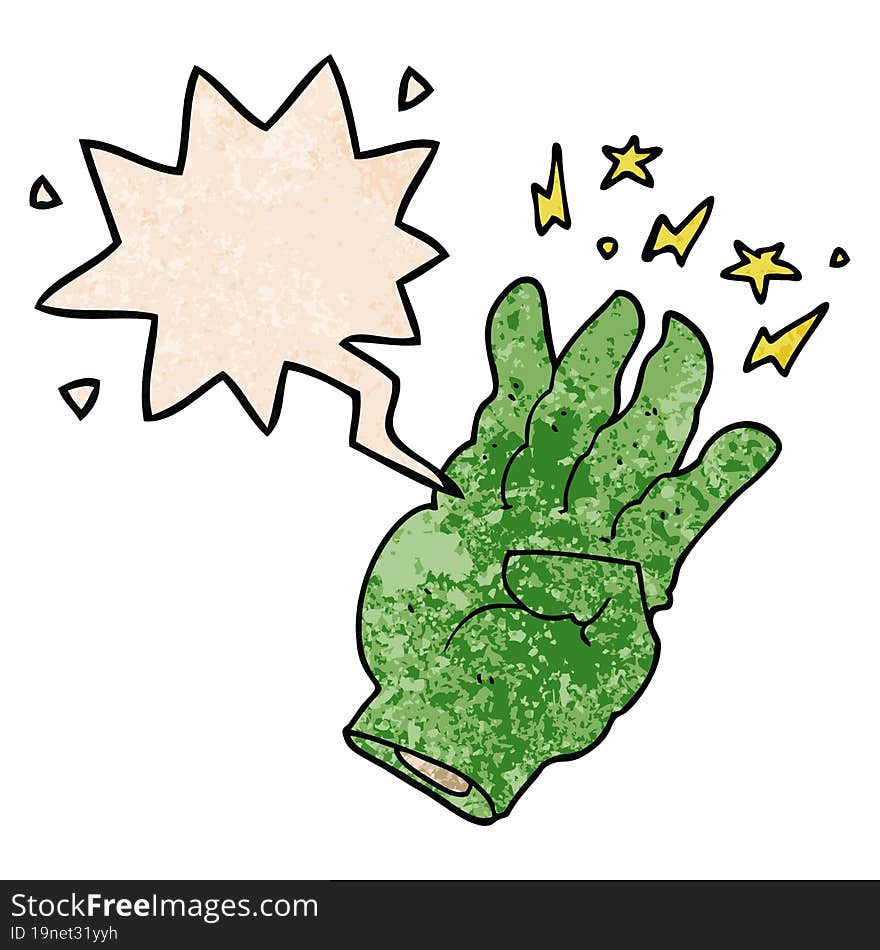 Cartoon Spooky Magic Hand And Speech Bubble In Retro Texture Style