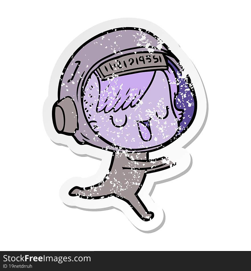 distressed sticker of a cartoon astronaut woman