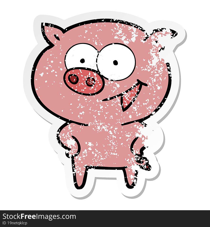 distressed sticker of a cheerful pig cartoon