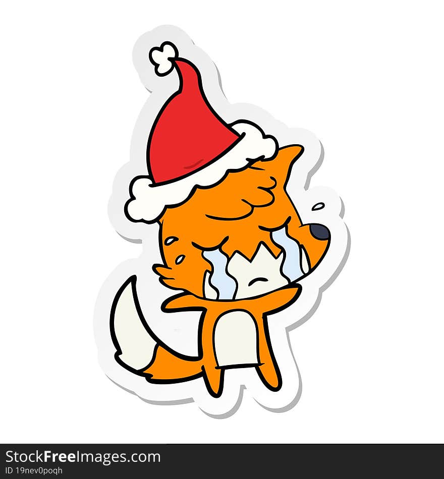 crying fox sticker cartoon of a wearing santa hat