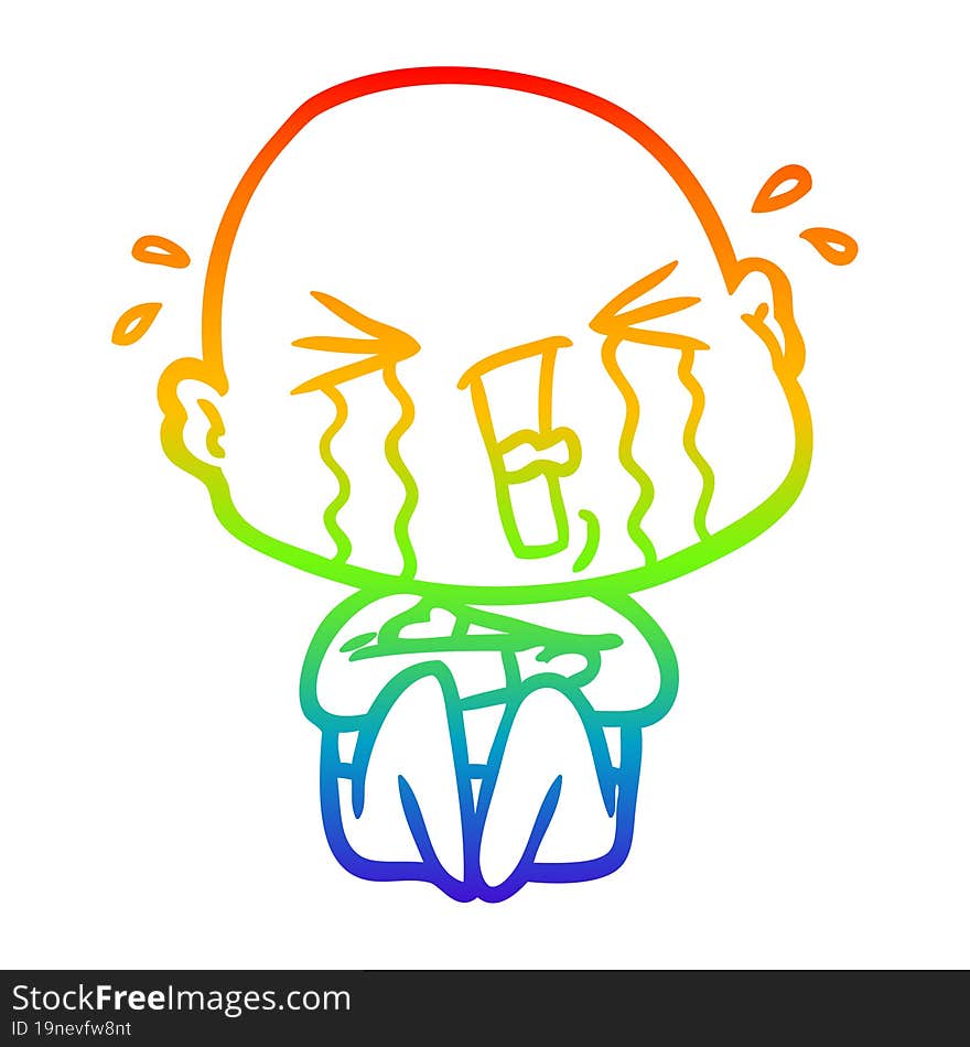 rainbow gradient line drawing cartoon crying bald man