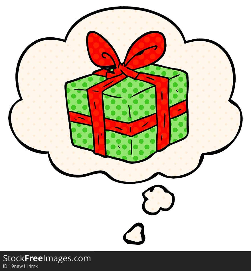 cartoon wrapped gift with thought bubble in comic book style