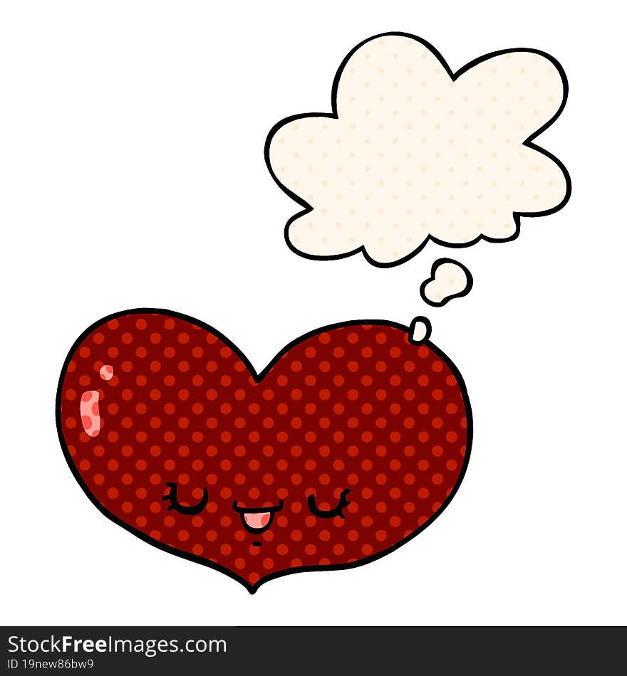 cartoon love heart character with thought bubble in comic book style