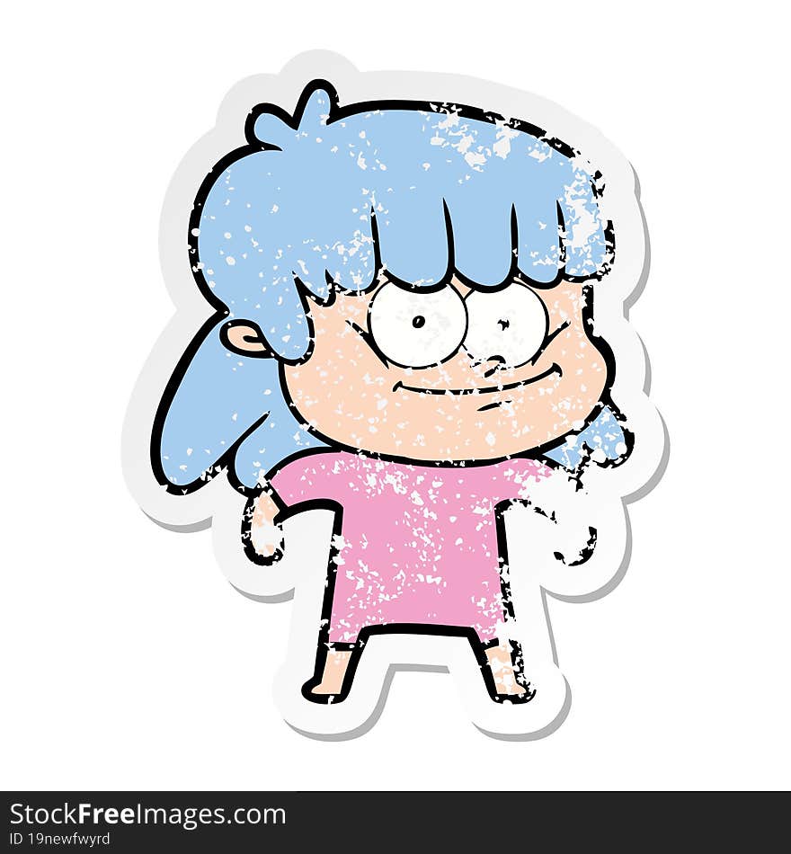 distressed sticker of a cartoon smiling woman