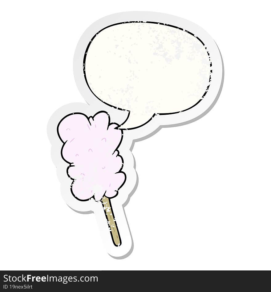 Cartoon Candy Floss On Stick And Speech Bubble Distressed Sticker