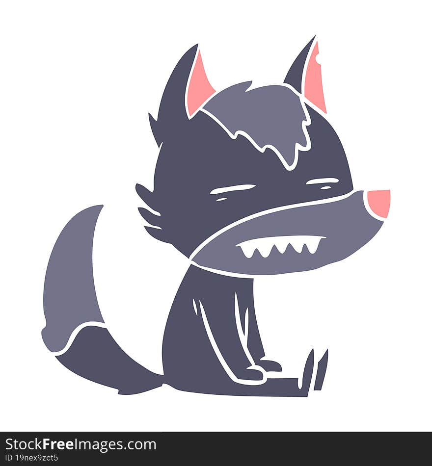 flat color style cartoon sitting  wolf showing teeth