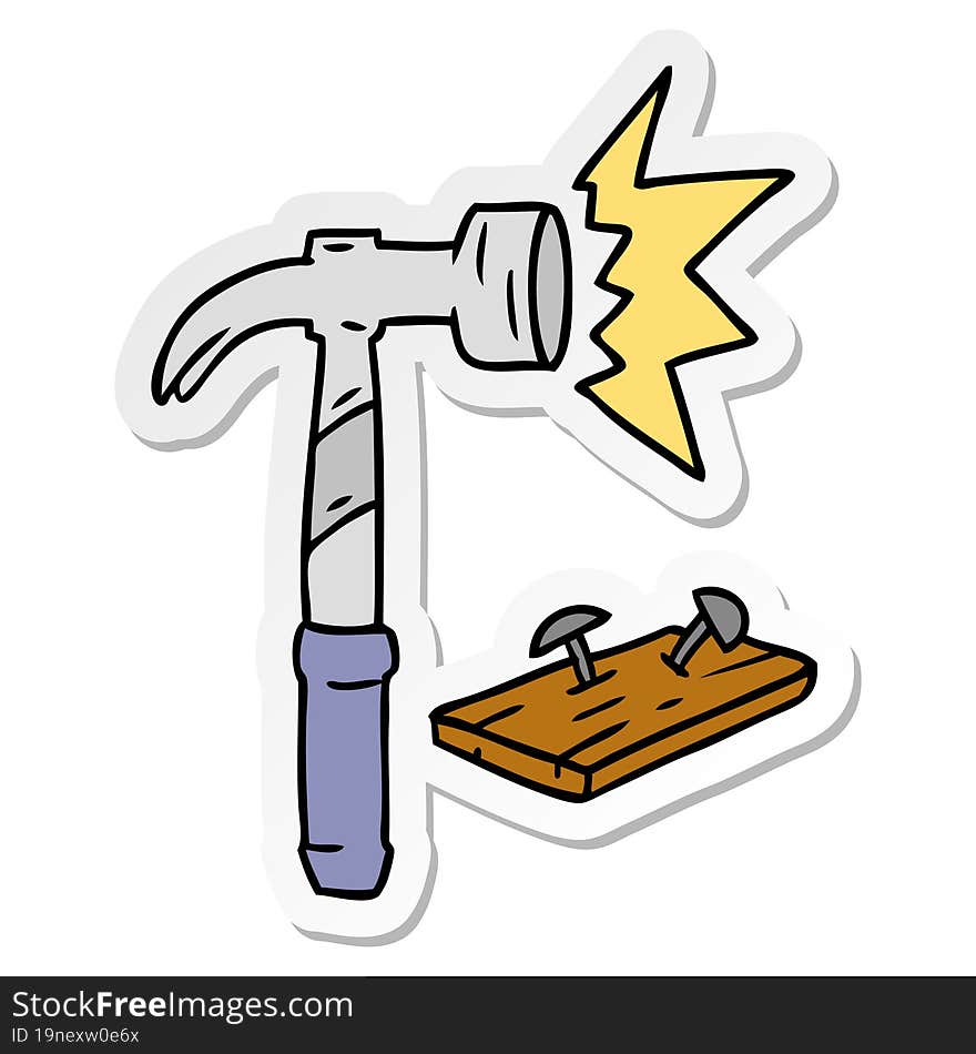 hand drawn sticker cartoon doodle of a hammer and nails