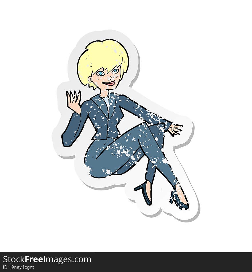 retro distressed sticker of a cartoon businesswoman sitting