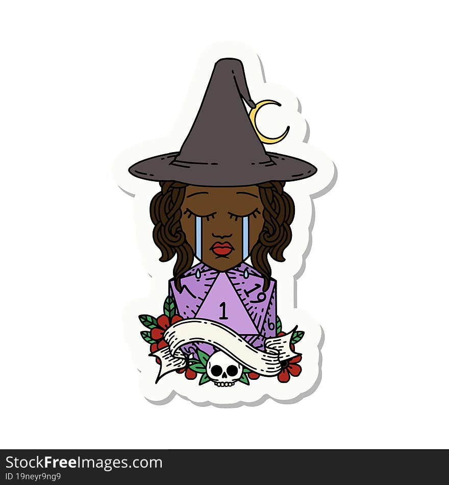 crying human witch with natural D20 roll sticker