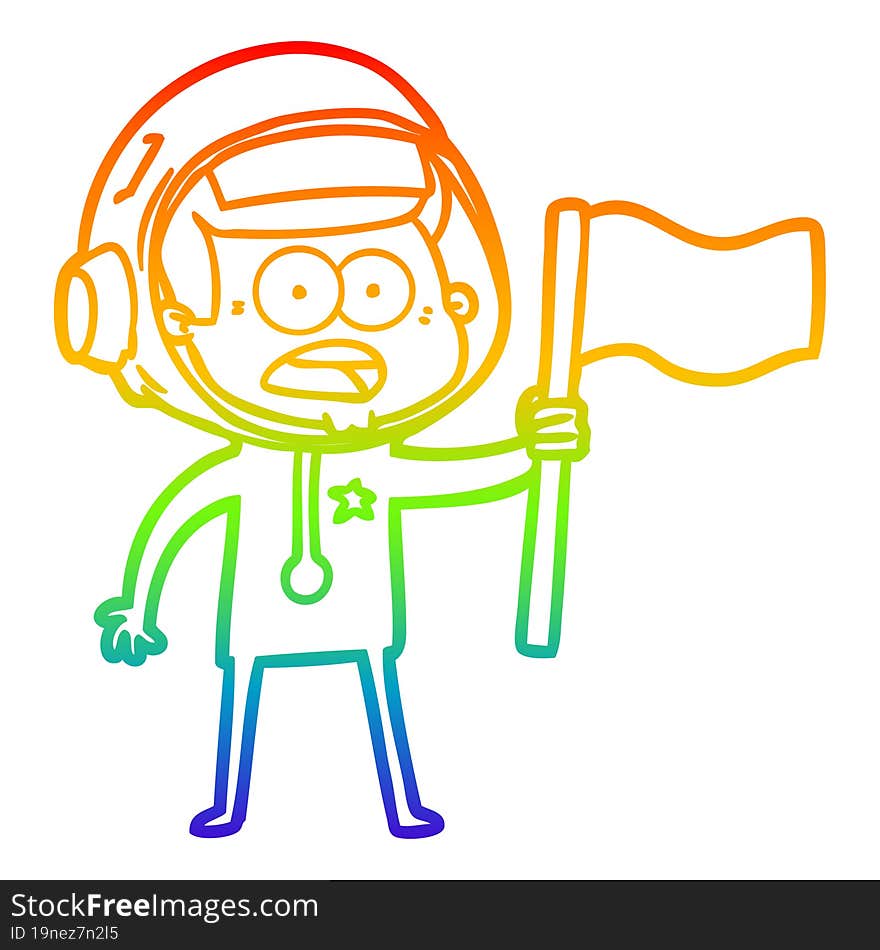 rainbow gradient line drawing cartoon surprised astronaut waving flag