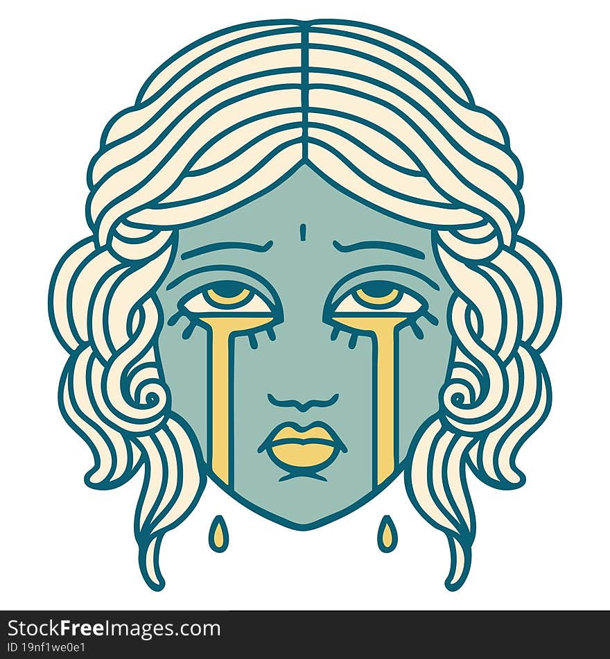 iconic tattoo style image of female face crying. iconic tattoo style image of female face crying