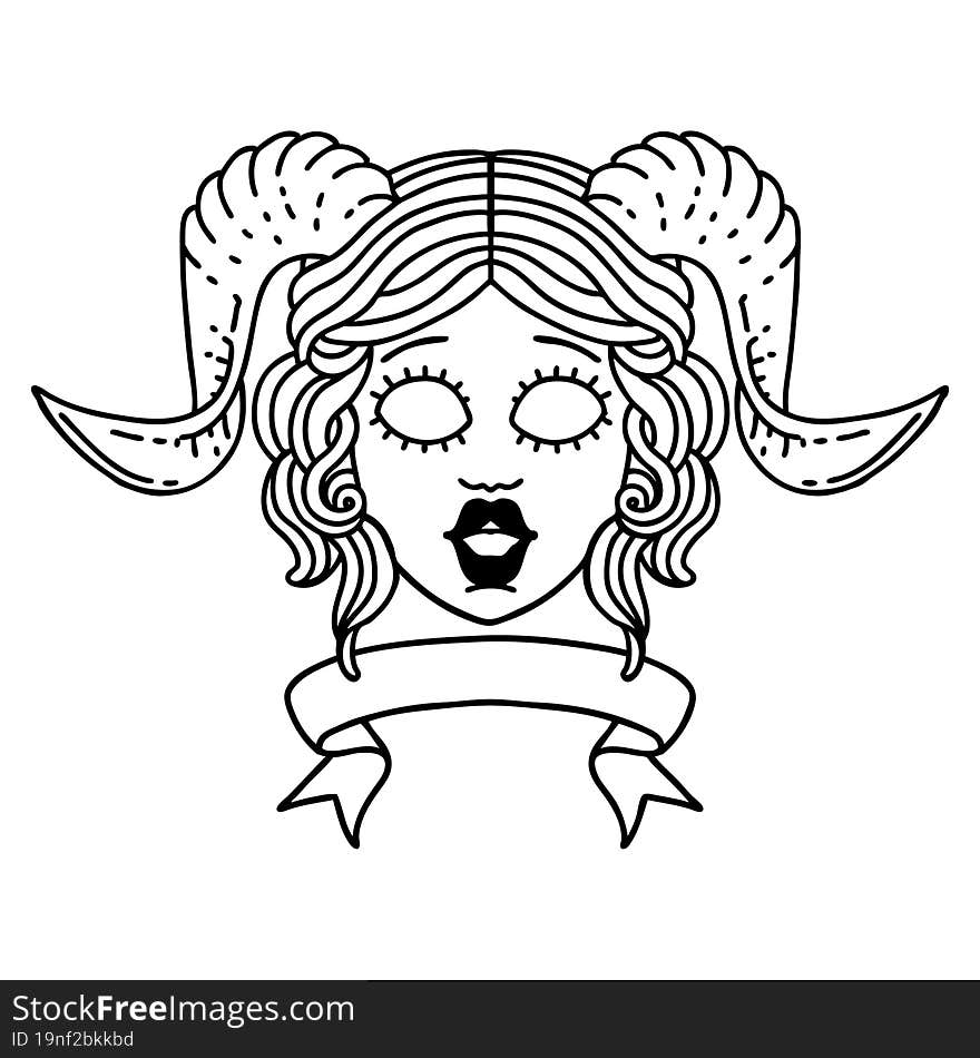 Black and White Tattoo linework Style tiefling character face with scroll banner. Black and White Tattoo linework Style tiefling character face with scroll banner