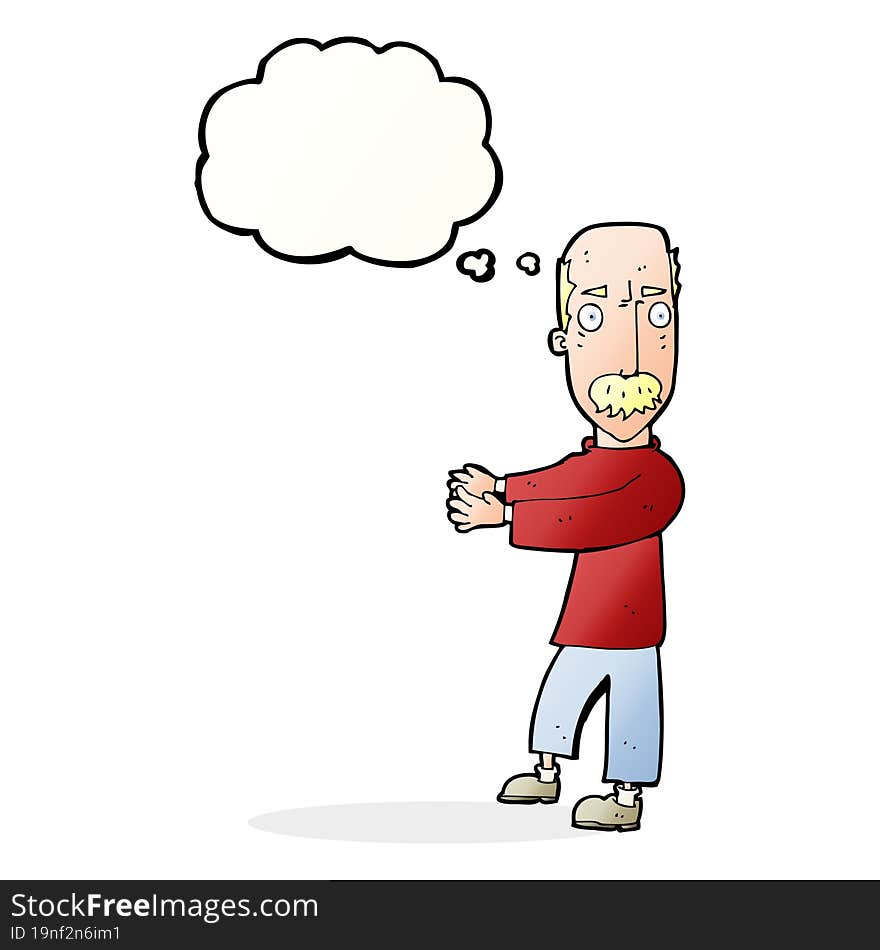 cartoon balding man explaining with thought bubble