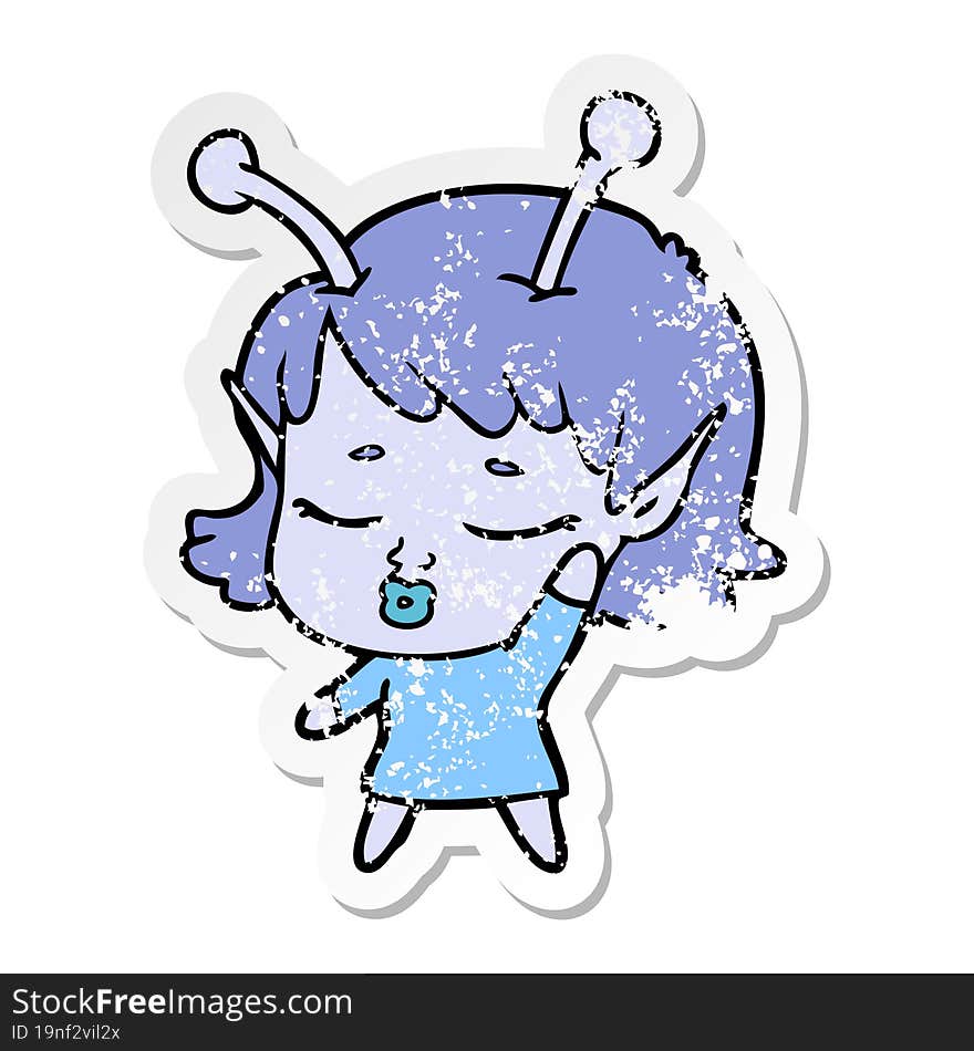 distressed sticker of a cute alien girl cartoon