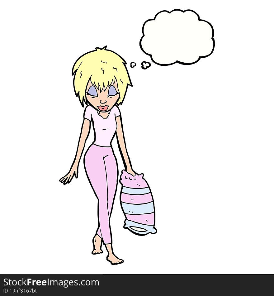 cartoon woman going to bed with thought bubble