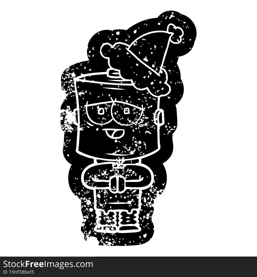 cartoon distressed icon of a robot wearing santa hat