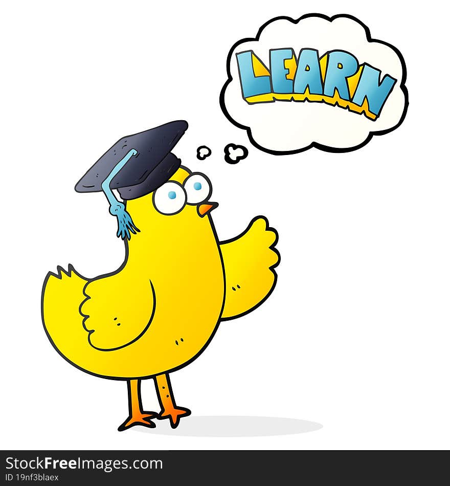 thought bubble cartoon bird with learn text