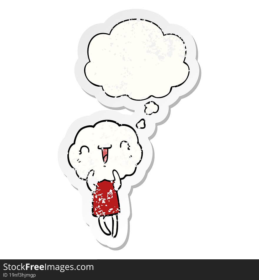 cute cartoon cloud head creature and thought bubble as a distressed worn sticker