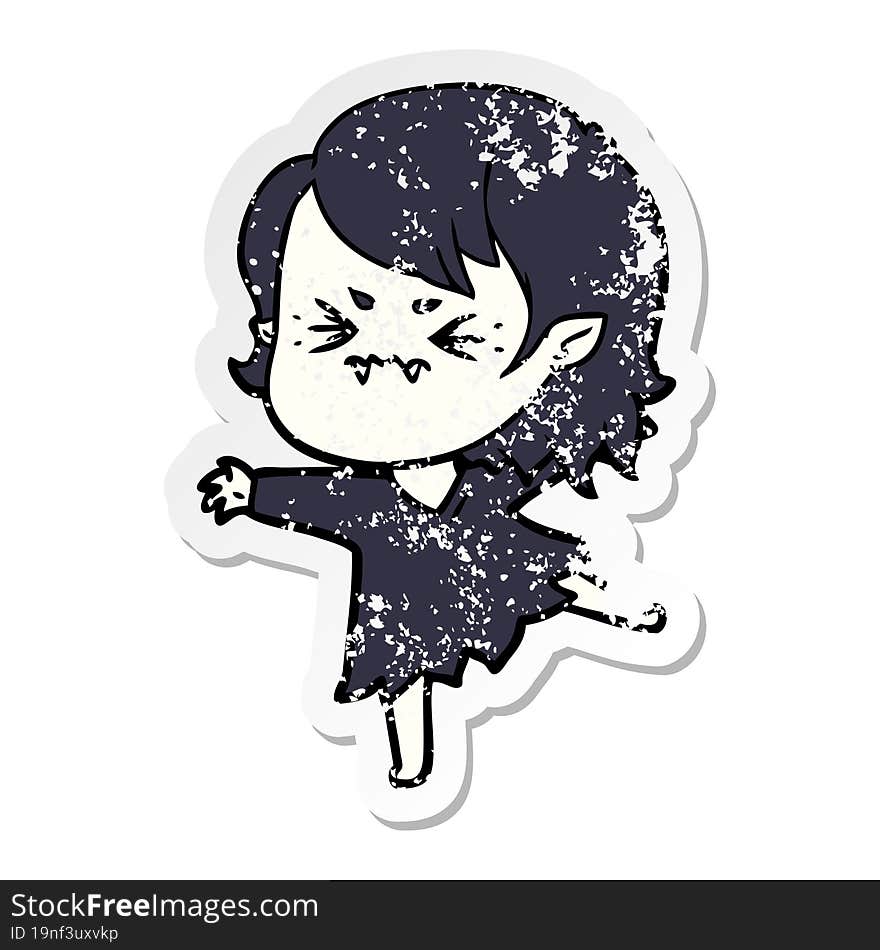 Distressed Sticker Of A Annoyed Cartoon Vampire Girl