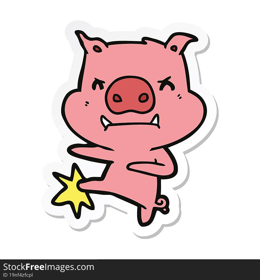 sticker of a angry cartoon pig karate kicking