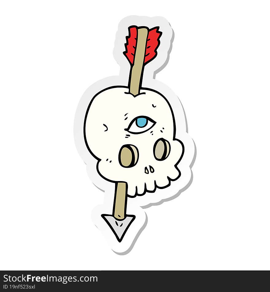 Sticker Of A Cartoon Magic Skull With Arrow Through Brain