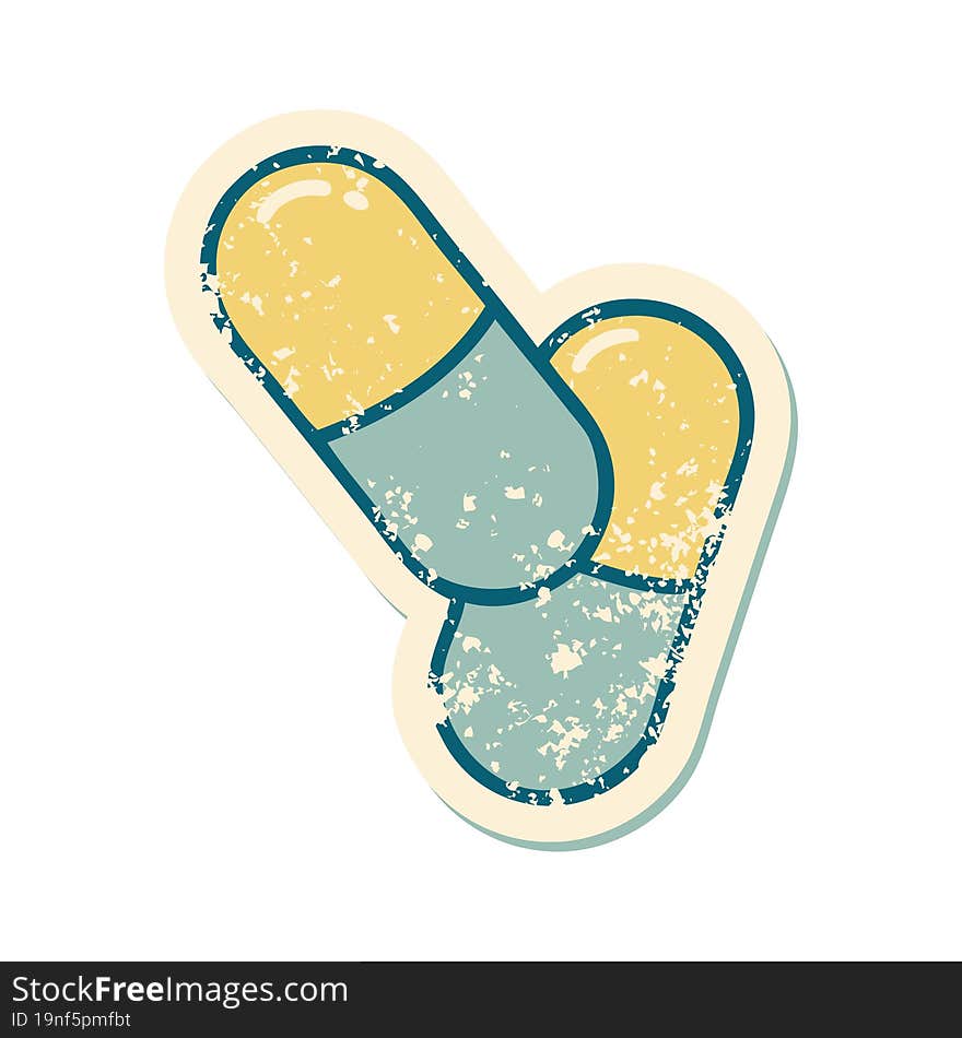 distressed sticker tattoo style icon of a pills