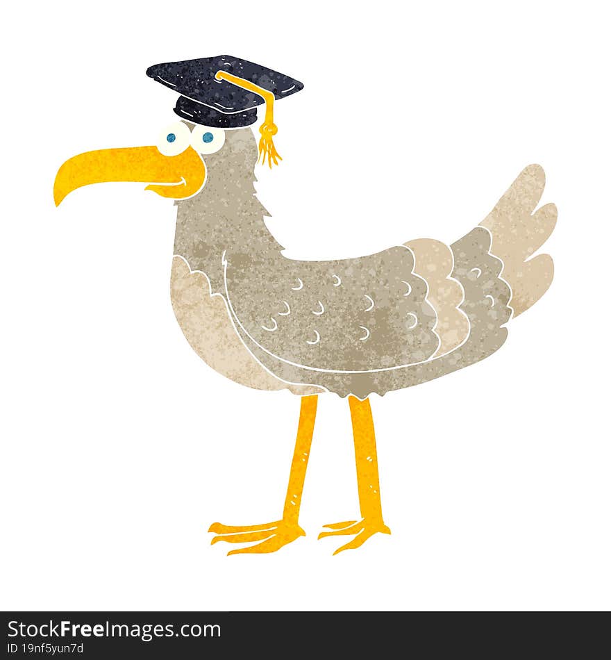 retro cartoon seagull with graduate cap