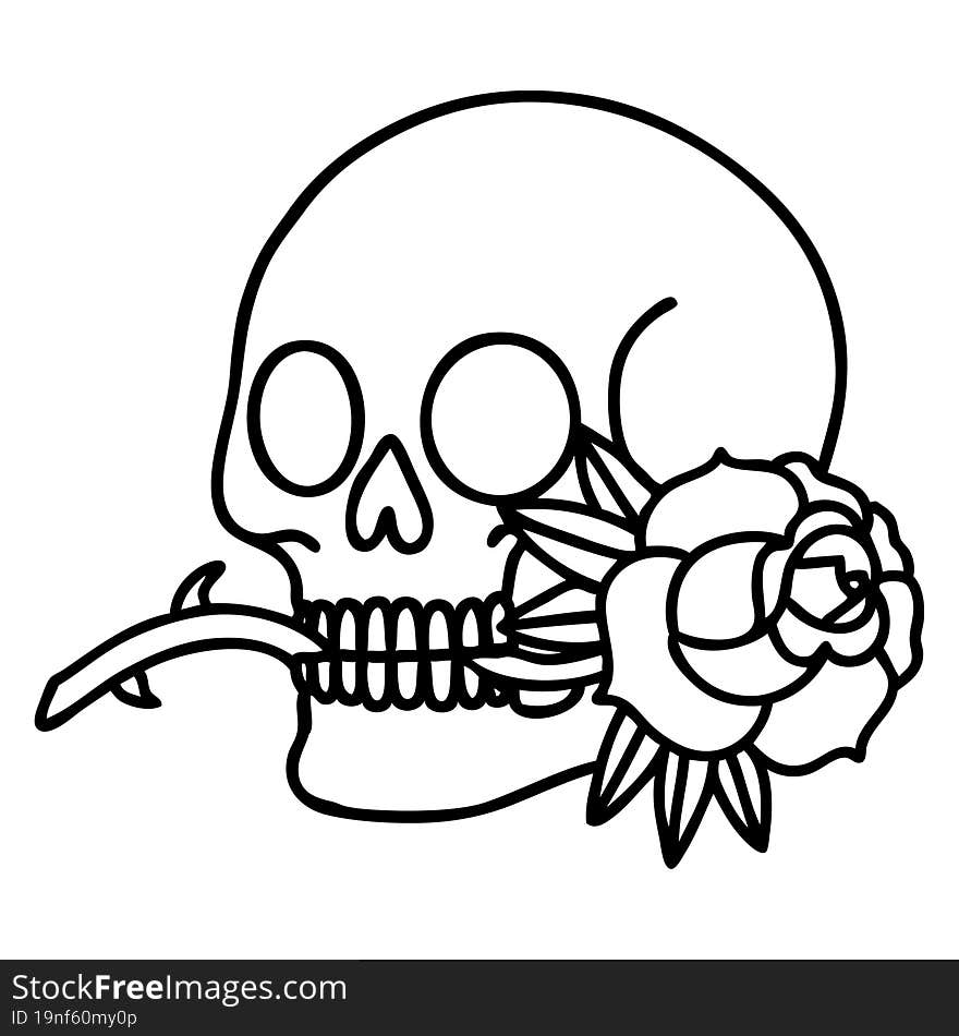 tattoo in black line style of a skull and rose. tattoo in black line style of a skull and rose