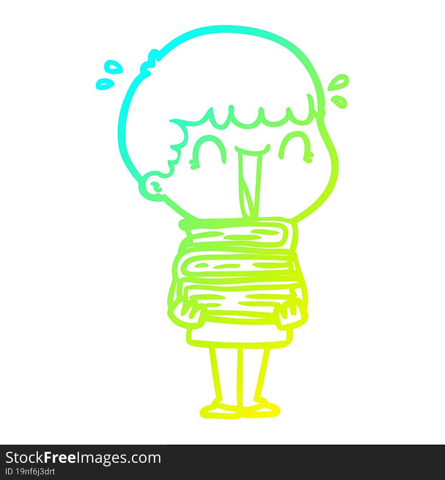 Cold Gradient Line Drawing Laughing Cartoon Man Holding Stack Of Books