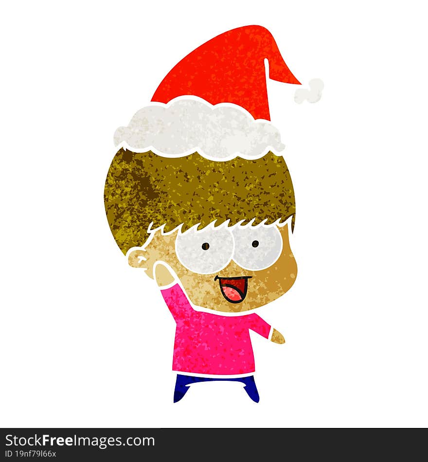 Happy Retro Cartoon Of A Boy Waving Wearing Santa Hat