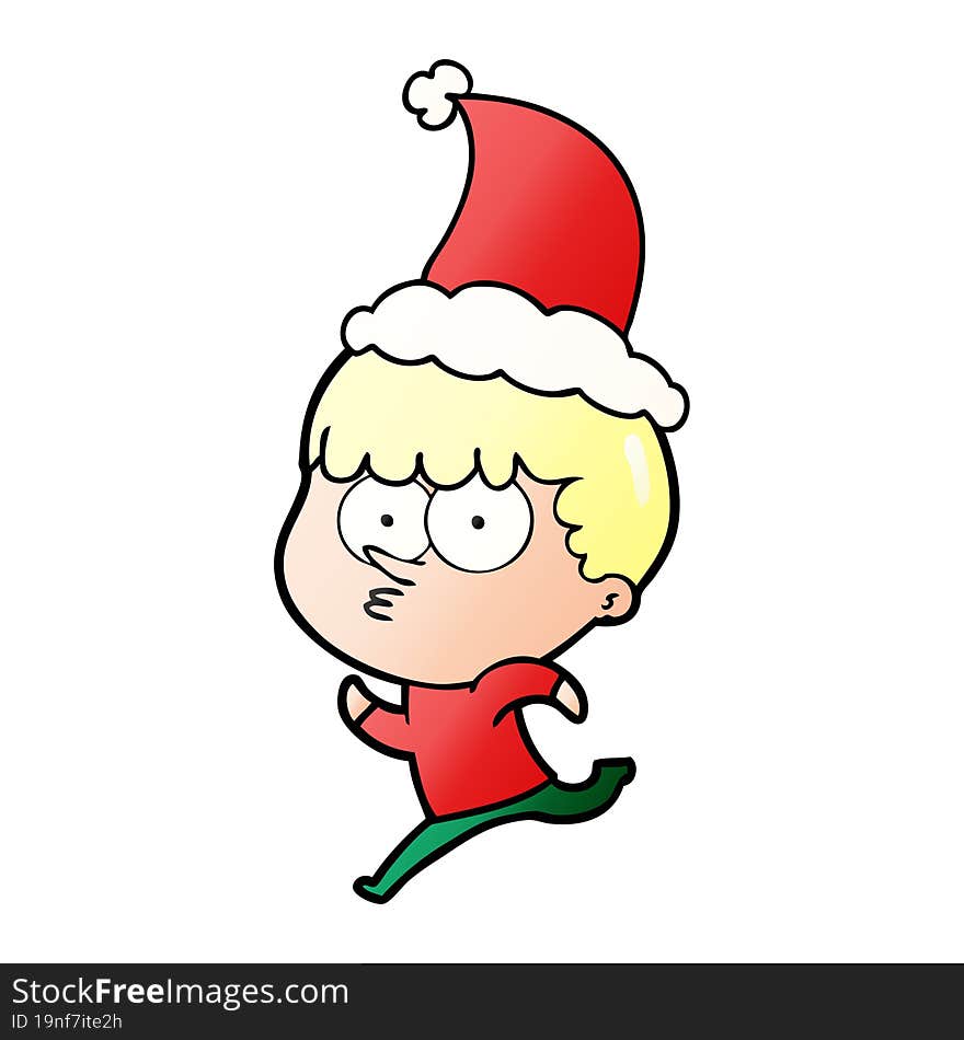 gradient cartoon of a curious boy running wearing santa hat