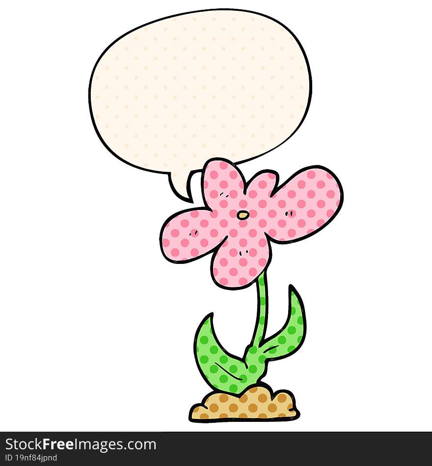 cartoon flower and speech bubble in comic book style