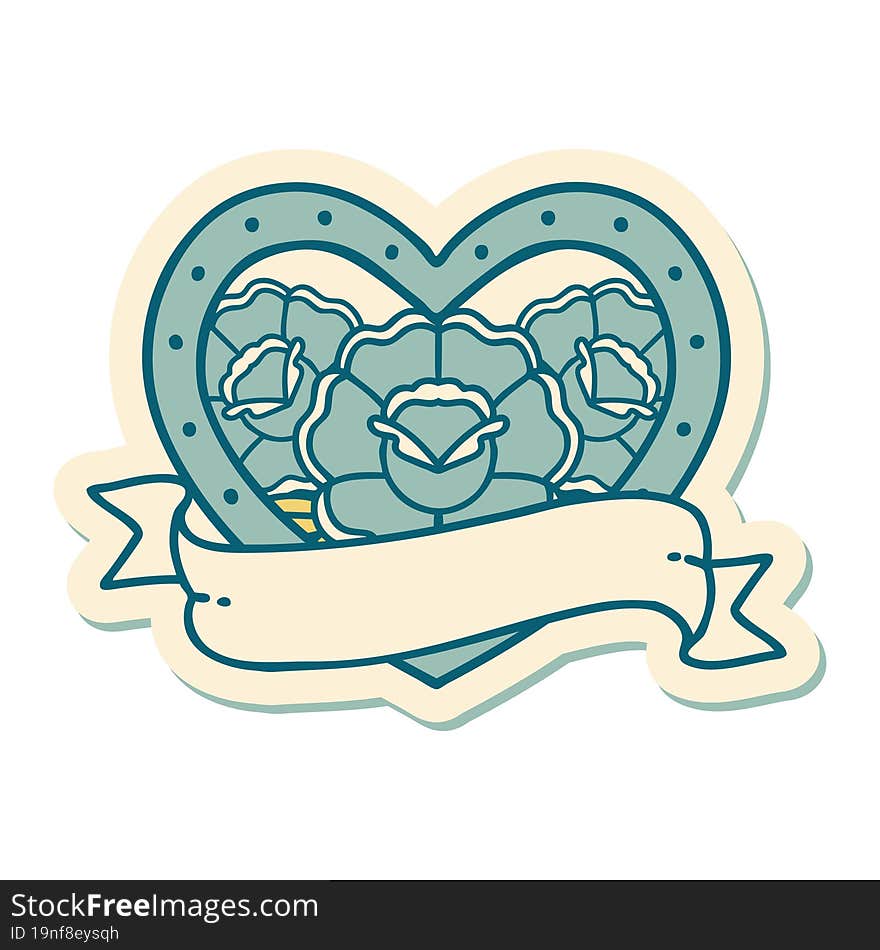 sticker of tattoo in traditional style of a heart and banner with flowers. sticker of tattoo in traditional style of a heart and banner with flowers