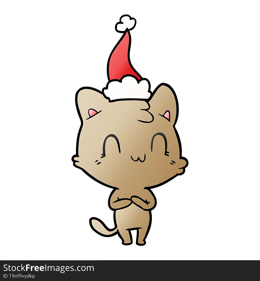 gradient cartoon of a happy cat wearing santa hat