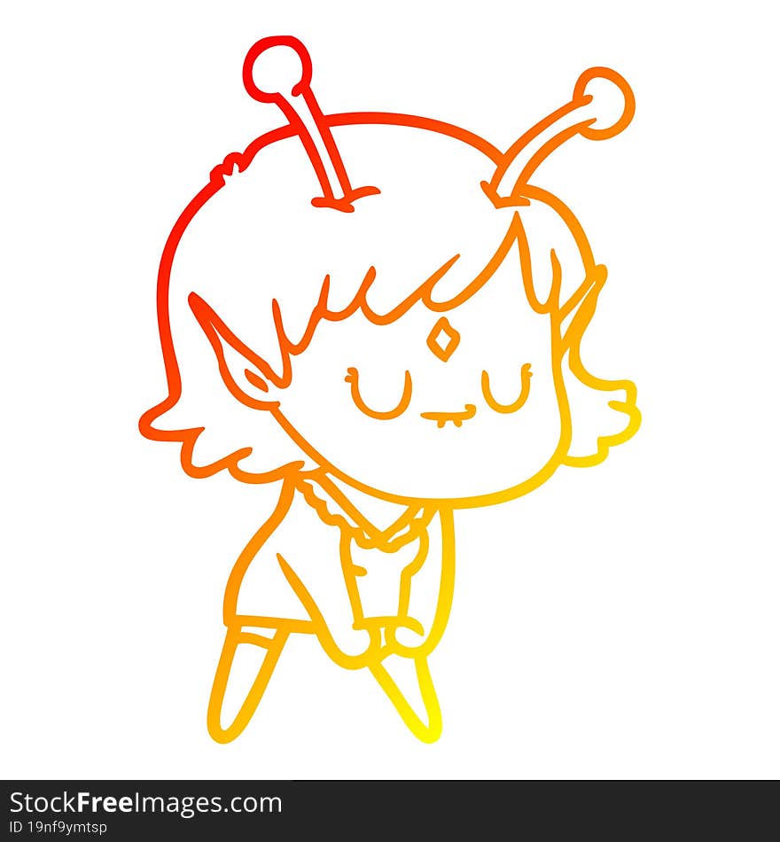 warm gradient line drawing cartoon alien girl doing muscle pose