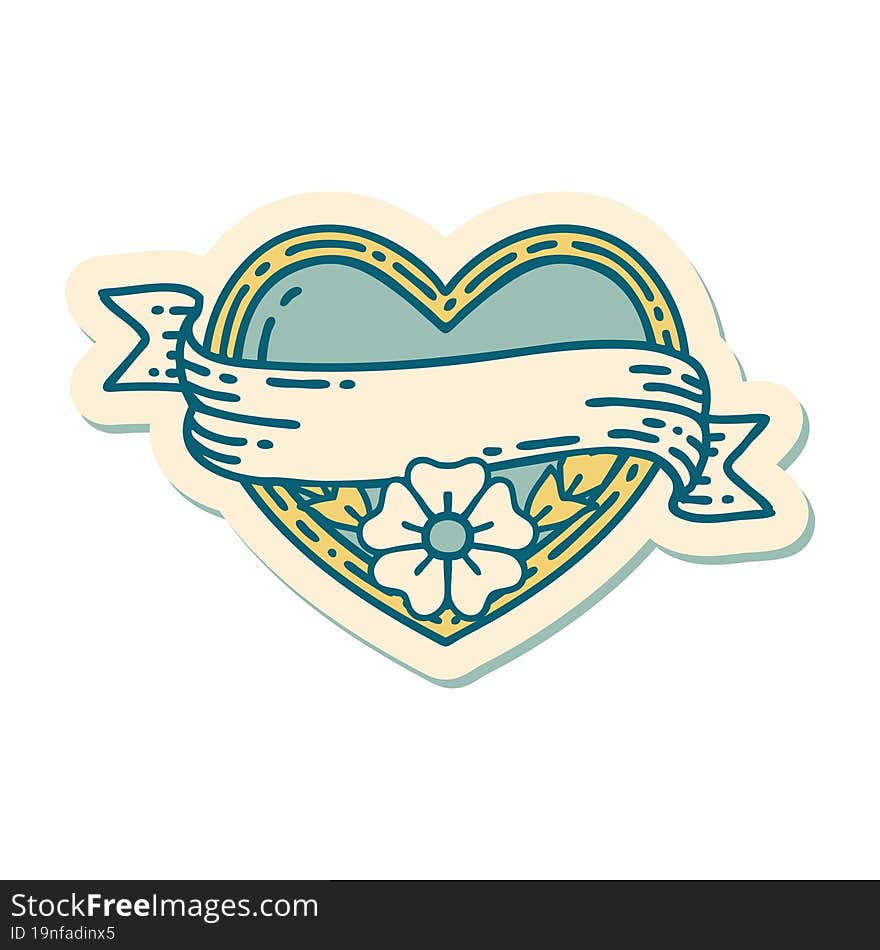 Tattoo Style Sticker Of A Heart And Banner With Flowers