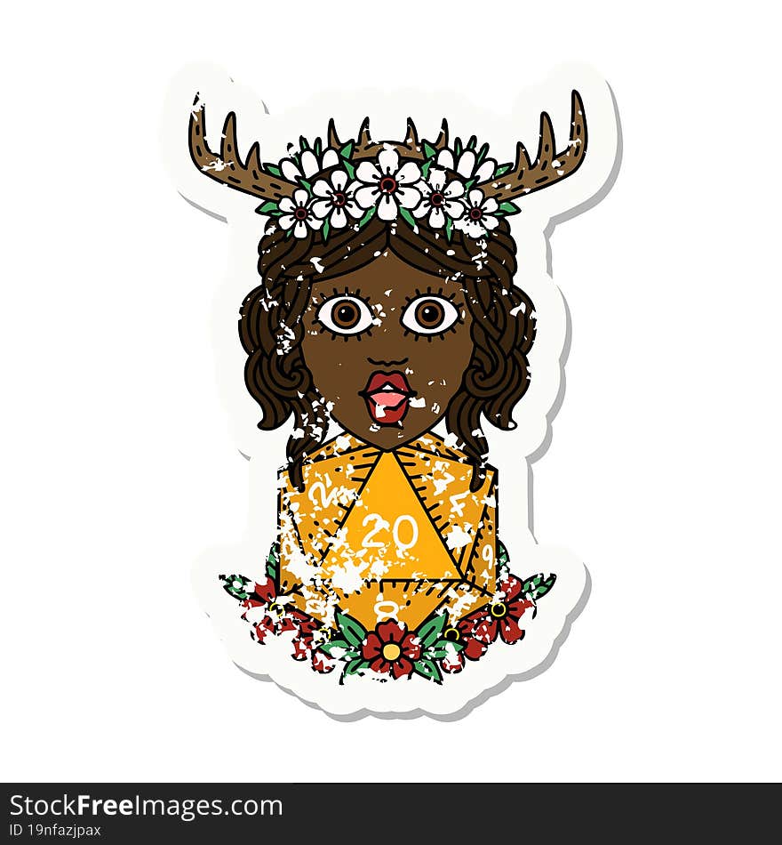 grunge sticker of a human druid with natural twenty dice roll. grunge sticker of a human druid with natural twenty dice roll