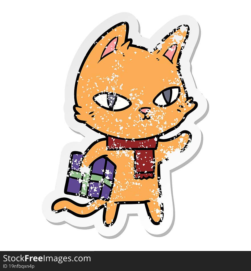 Distressed Sticker Of A Cartoon Cat With Gift