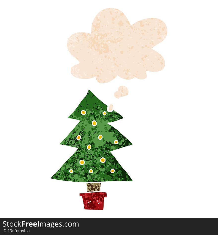 cartoon christmas tree and thought bubble in retro textured style