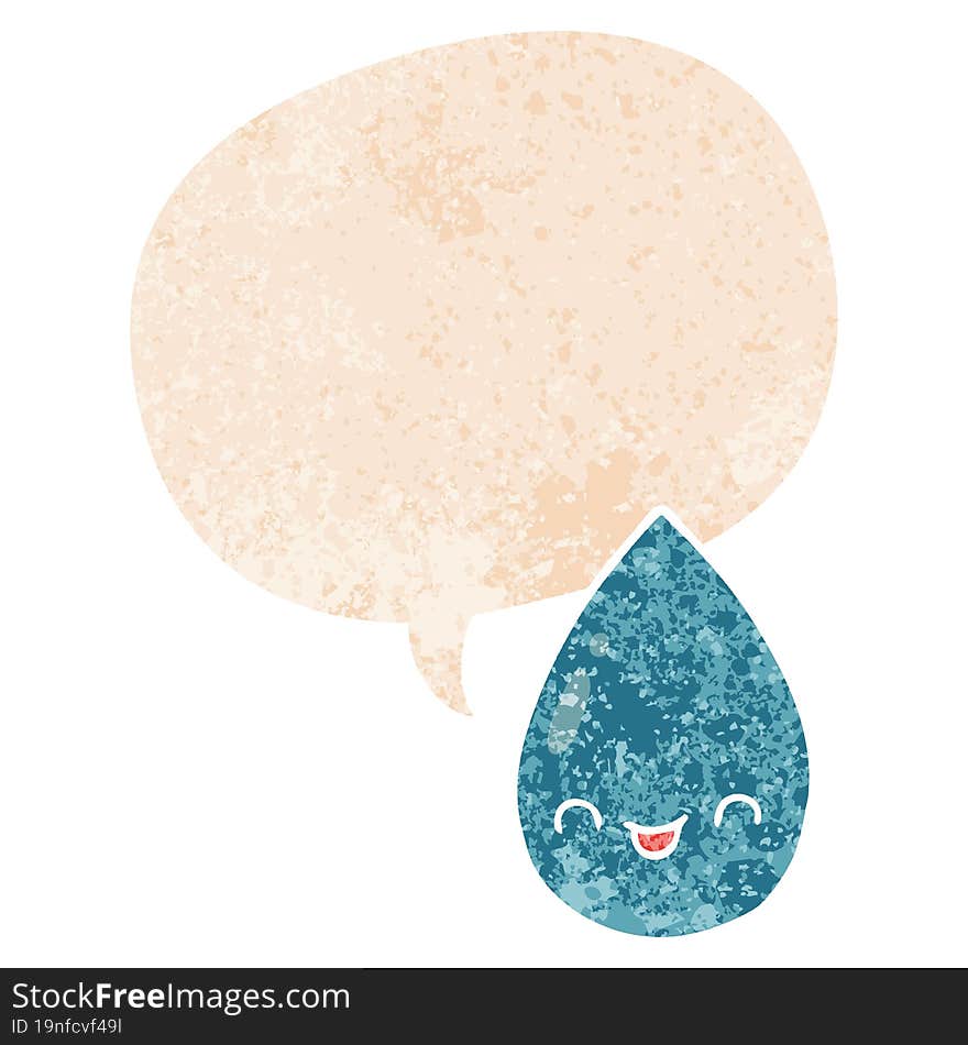 cartoon cute raindrop and speech bubble in retro textured style