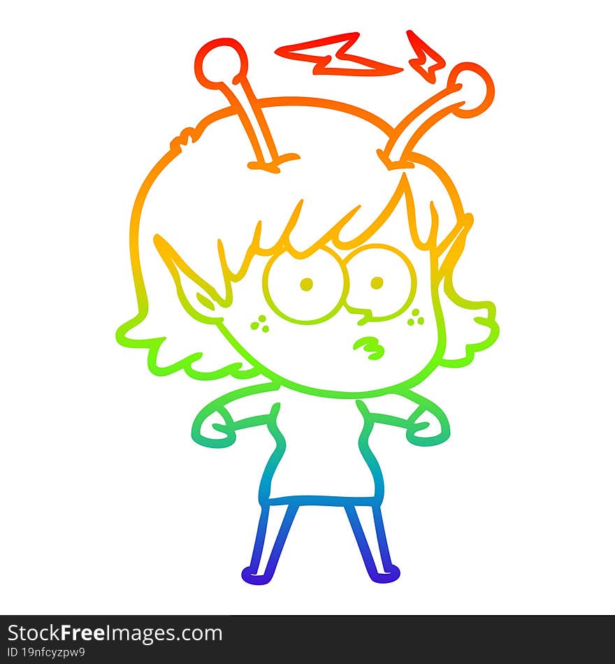 rainbow gradient line drawing of a cartoon alien girl