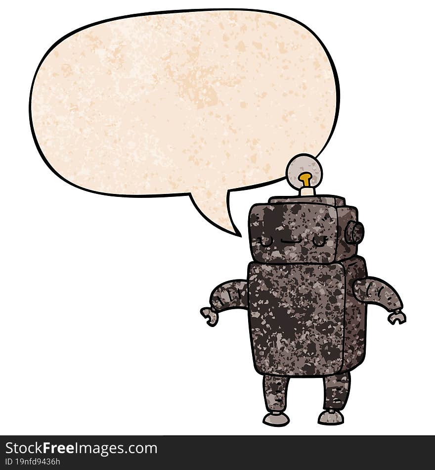 cartoon robot and speech bubble in retro texture style