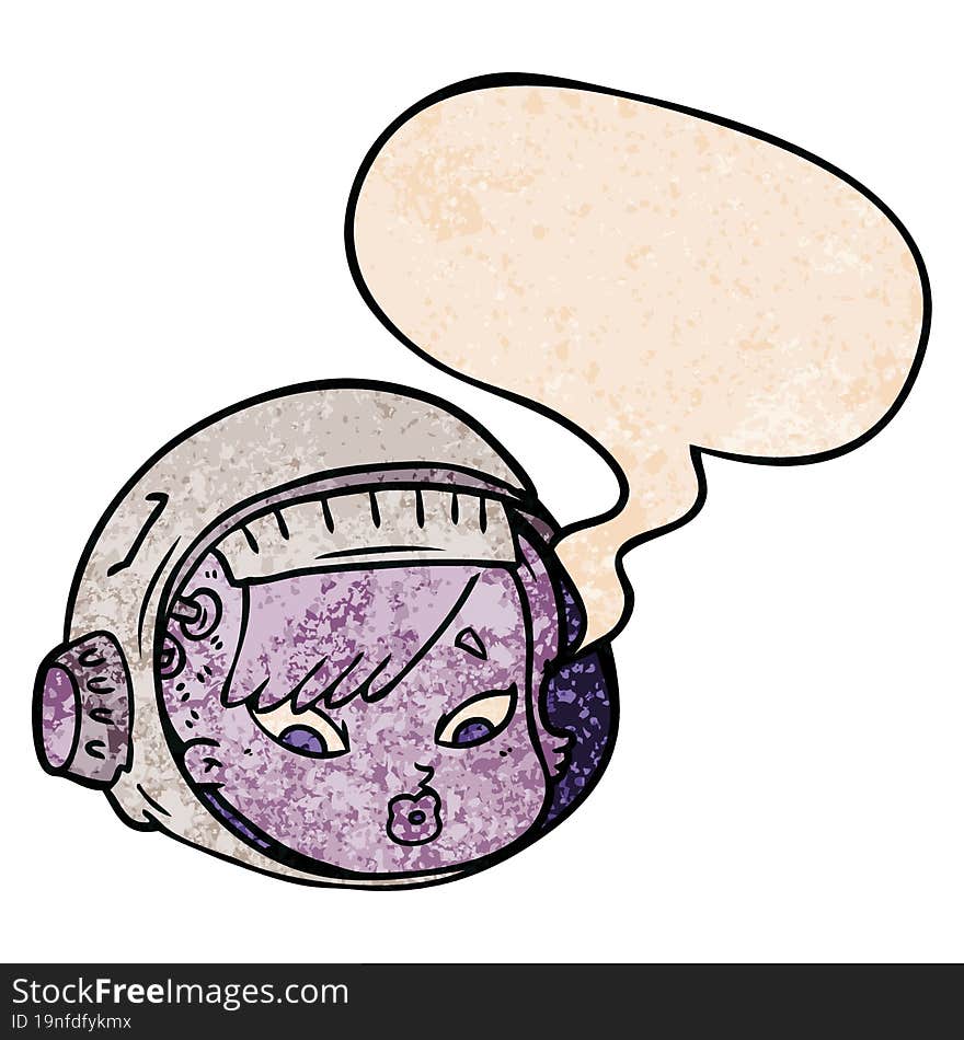 cartoon astronaut face and speech bubble in retro texture style