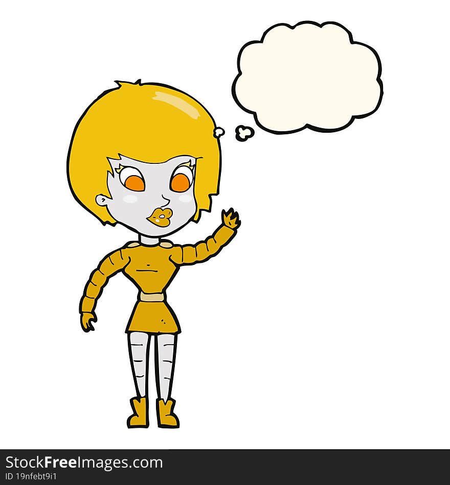 cartoon robot woman waving with thought bubble